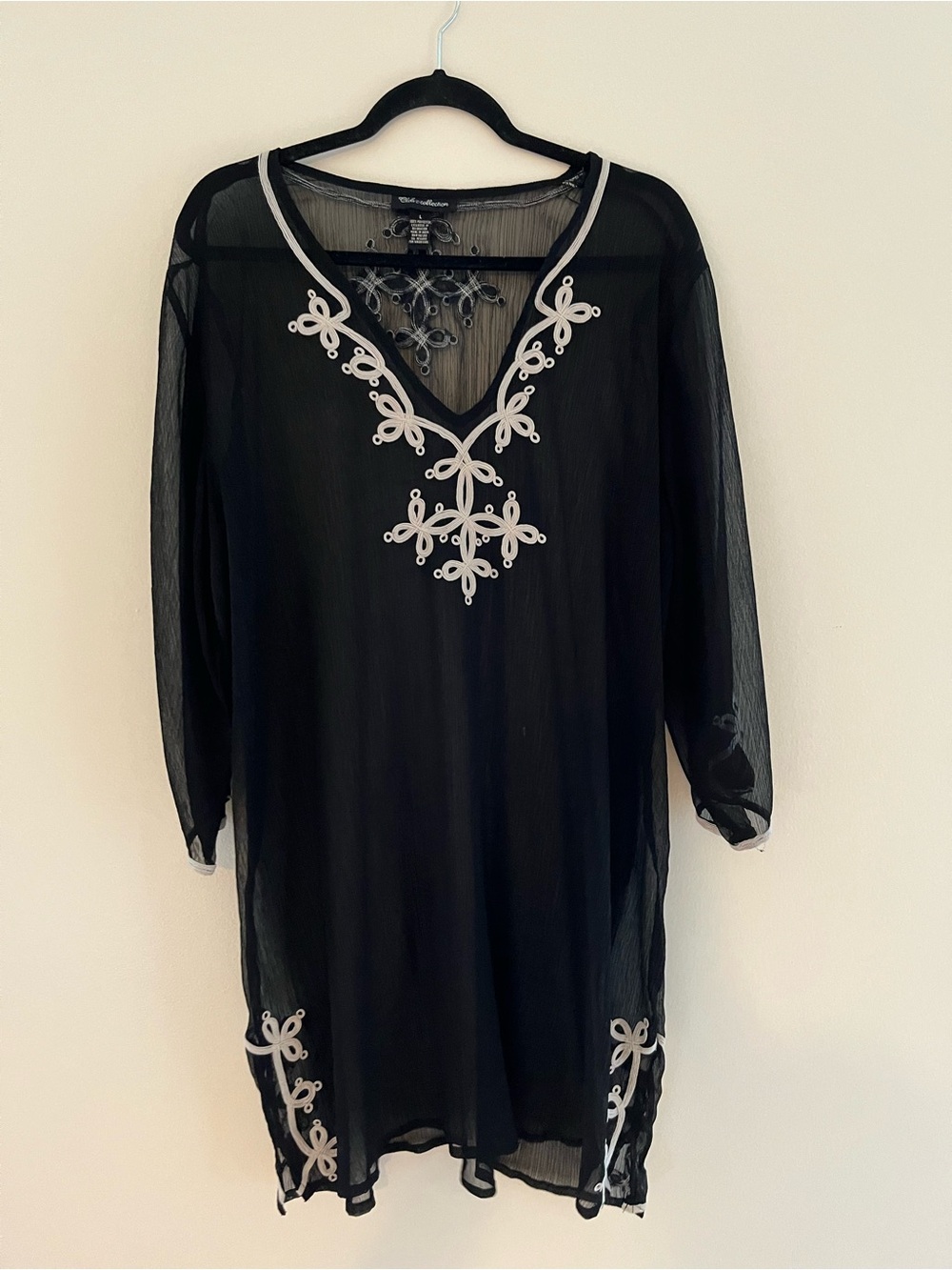 Sheer Black Swim Coverup with White Embroidery